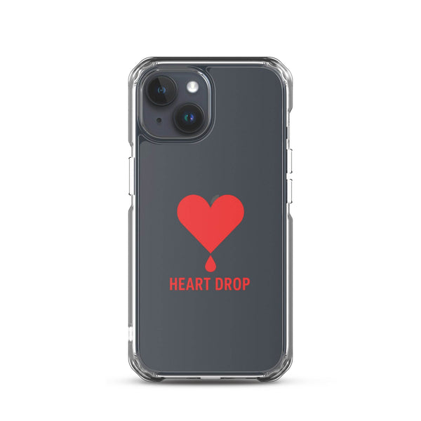Coque HEART DROP CLUB iPhone 15 transparente avec motif cœur rouge, protection anti-rayures.